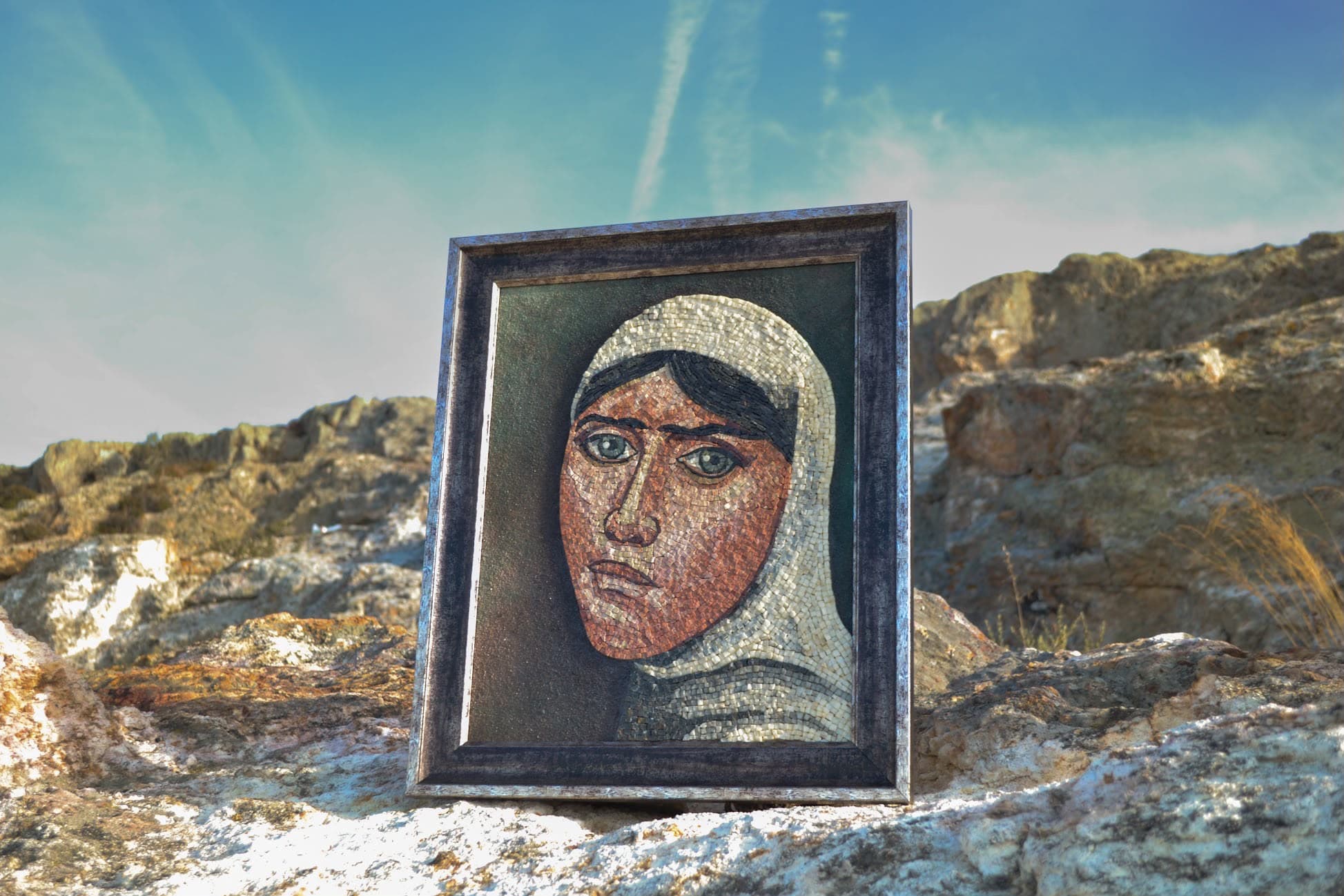 Kayalıkların önünde sergilenen kadın portreli çerçeveli mozaik eser